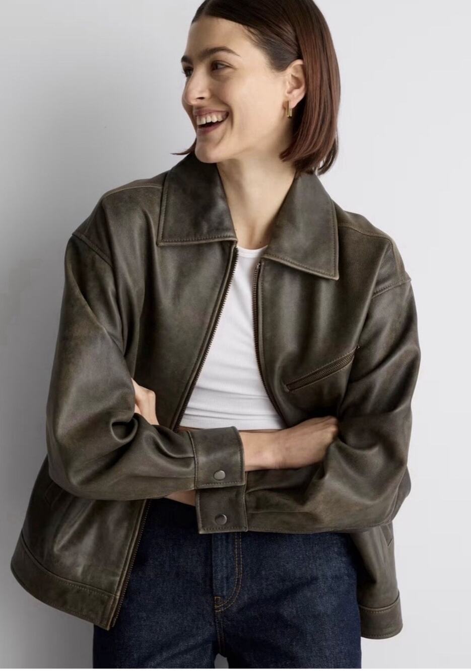 NWT Quince 100% Sheep Leather Oversized Bomber Jacket •Women L•Distressed Black